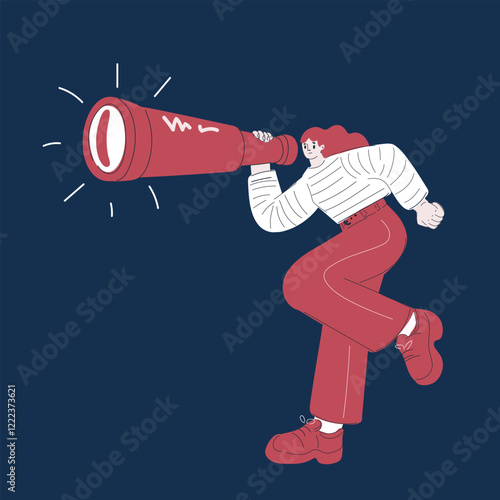 Cartoon vector illustration of a woman peering through a telescope, searching for opportunities ahead over dark background