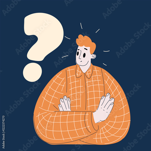 Cartoon vector illustration of a man contemplating an idea with a question mark overhead over dark background