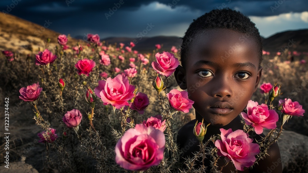 Young Boy with Dark Skin Surrounded by Beautiful Desert Roses Young Boy with Dark Skin Surrounded by Beautiful Desert Roses