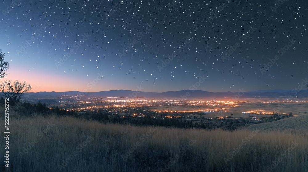 Fototapeta premium Night cityscape view from hilltop, stars.