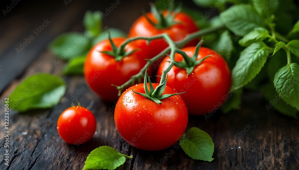 Juicy Red Tomatoes Vine Fresh Greens Dark Wood Background Juicy Red Tomatoes Vine Fresh Greens Dark Wood Background