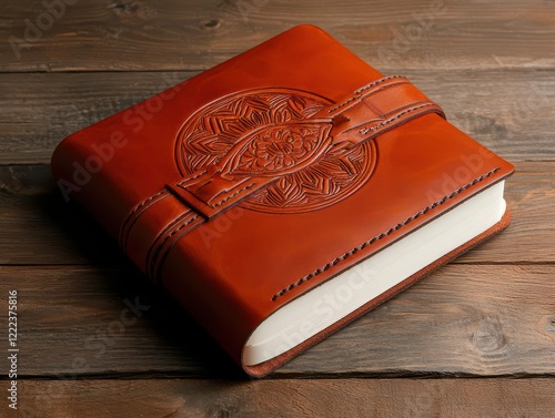 handmade products leather goods. A vibrant leather journal with a hand-tooled mandala design, showcasing the artisan s creative flair photo