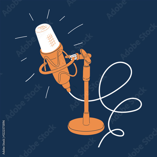 Cartoon vector illustration of a microphone acting as a bridge to amplify voices and communication over dark background