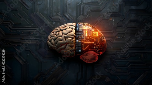 A futuristic brain design, half organic and half digital, representing the fusion of human intelligence and technology.