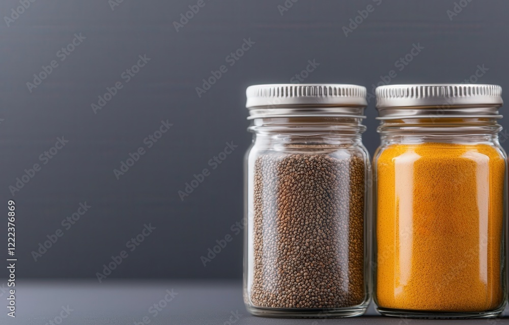 food safety storage risk concept. Two spice jars filled with seeds and powder against a dark background. food safety storage risk concept. Two spice jars filled with seeds and powder against a dark background.