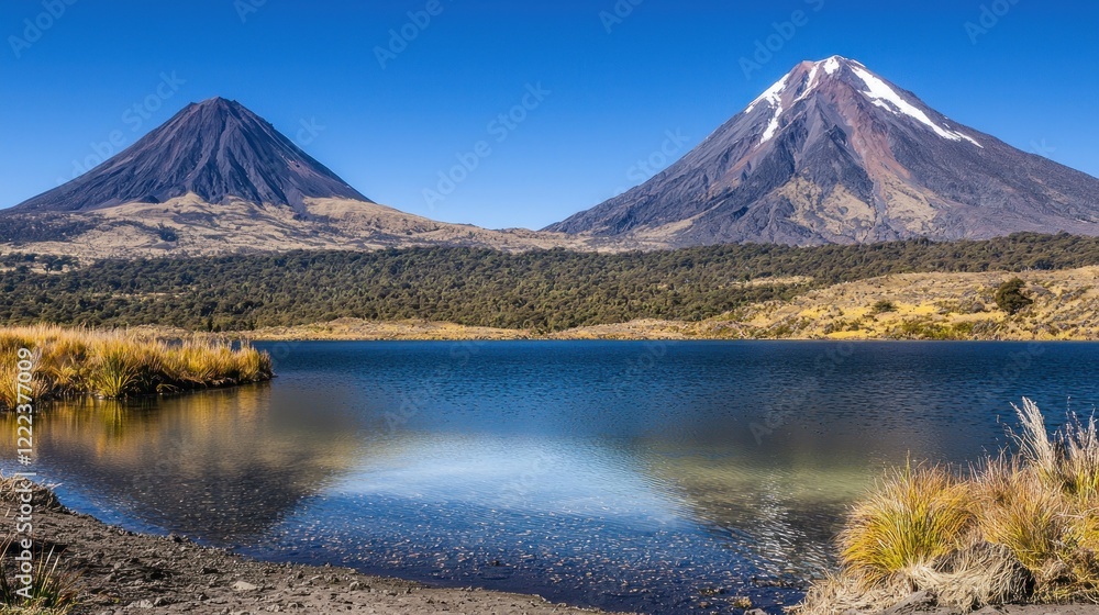 Volcanic lake reflection, mountains, New Zealand, tourism Volcanic lake reflection, mountains, New Zealand, tourism