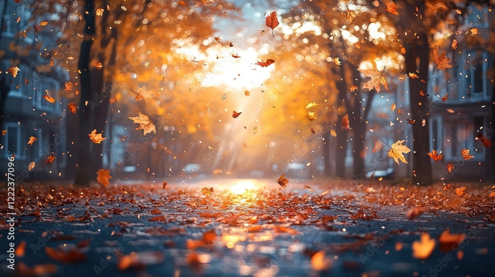 Autumnal Street Scene: Falling Leaves at Sunset