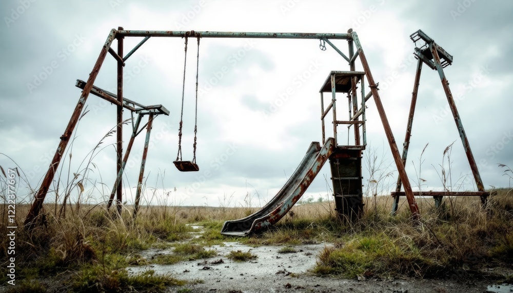 Eerie abandoned playground with rusty swings and slide under a cloudy sky Eerie abandoned playground with rusty swings and slide under a cloudy sky