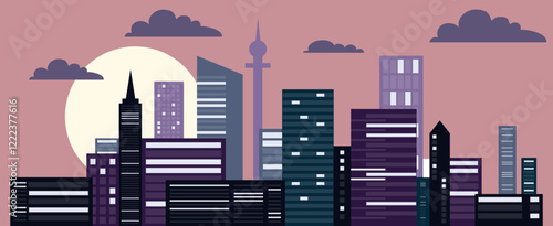 Night city, view of night cityscape with clouds. Vector, cartoon illustration. Vector.