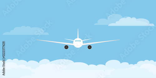 Airplane flying above clouds, airplane icon on blue sky background. Vector, cartoon illustration. Vector.