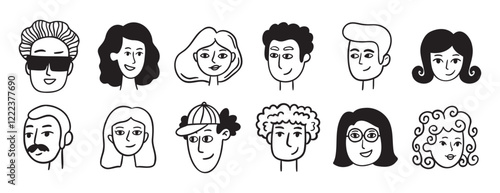 people avatars for social media, website doodle hand drawn icon set. Outline drawing trendy portraits girls and guys line clipart symbol collection. 