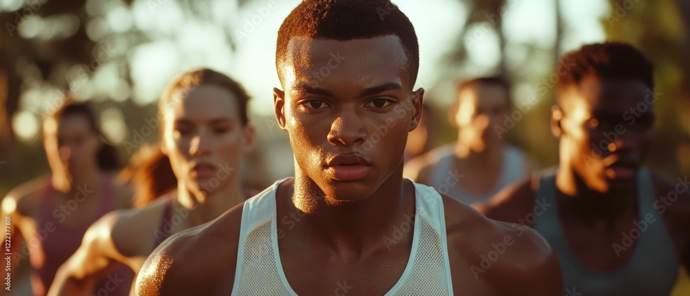 Focused runners hit their stride in a burst of energy, captured against a rising sun, embodying determination, teamwork, and fitness. Focused runners hit their stride in a burst of energy, captured against a rising sun, embodying determination, teamwork, and fitness.