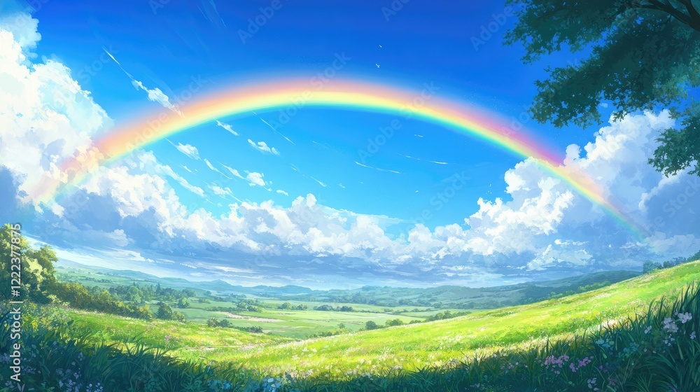 Naklejka premium A wide shot of a rainbow over a green plain, with the bright blue sky meeting the horizon, exuding peace and natural beauty