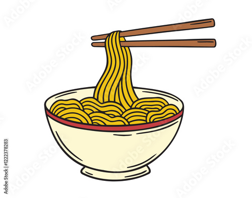 Bowl of noodle with chopsticks doodle hand drawn cartoon colored icon. Outline drawing bowl of noodle with chopsticks line clipart symbol