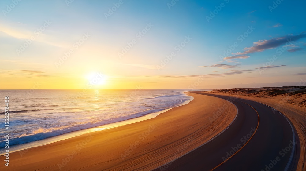 Naklejka premium Scenic Coastal Road at Sunset with Waves and Sky Colors