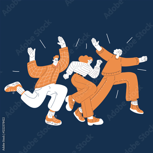 Cartoon vector illustration of three people racing with excitement, symbolizing the pursuit of joy and opportunity over dark background