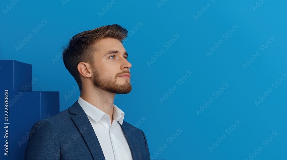 young man in a tailored suit stands against a vibrant blue background. He gazes upward thoughtfully, embodying confidence and professionalism in a contemporary setting young man in a tailored suit stands against a vibrant blue background. He gazes upward thoughtfully, embodying confidence and professionalism in a contemporary setting