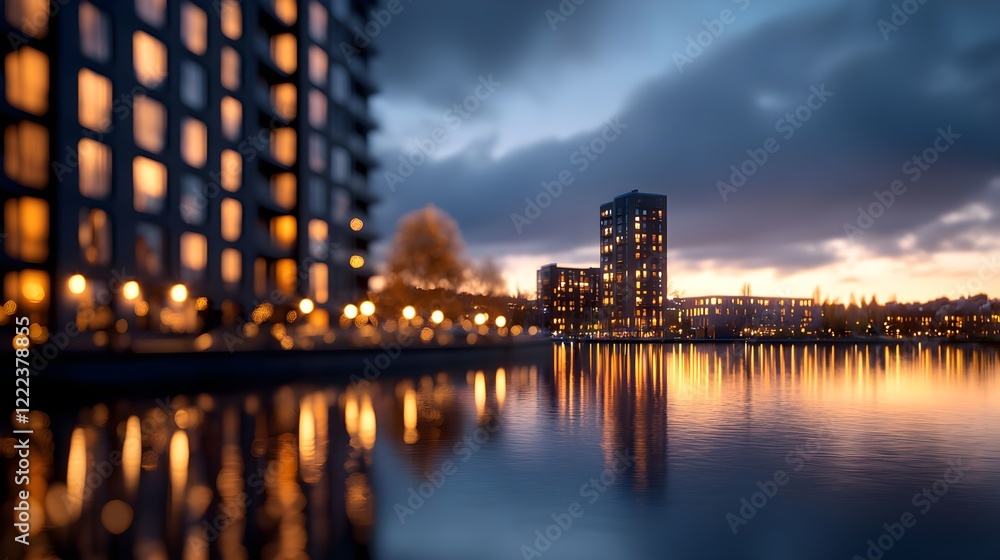 Naklejka premium Serene Cityscape Reflection at Dusk with Illuminated Architecture