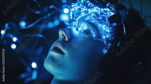 Teenager, brainwave, lights, dark room, neural, science fiction,  medical research, futuristic