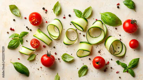 Fresh zucchini noodles, cherry tomatoes, and basil leaves arranged on a beige surface. Healthy and vibrant ingredients.