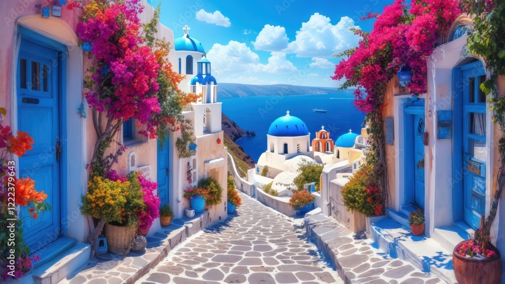 Obraz premium Explore a vibrant street in Santorini with stunning blue domes and colorful flowers