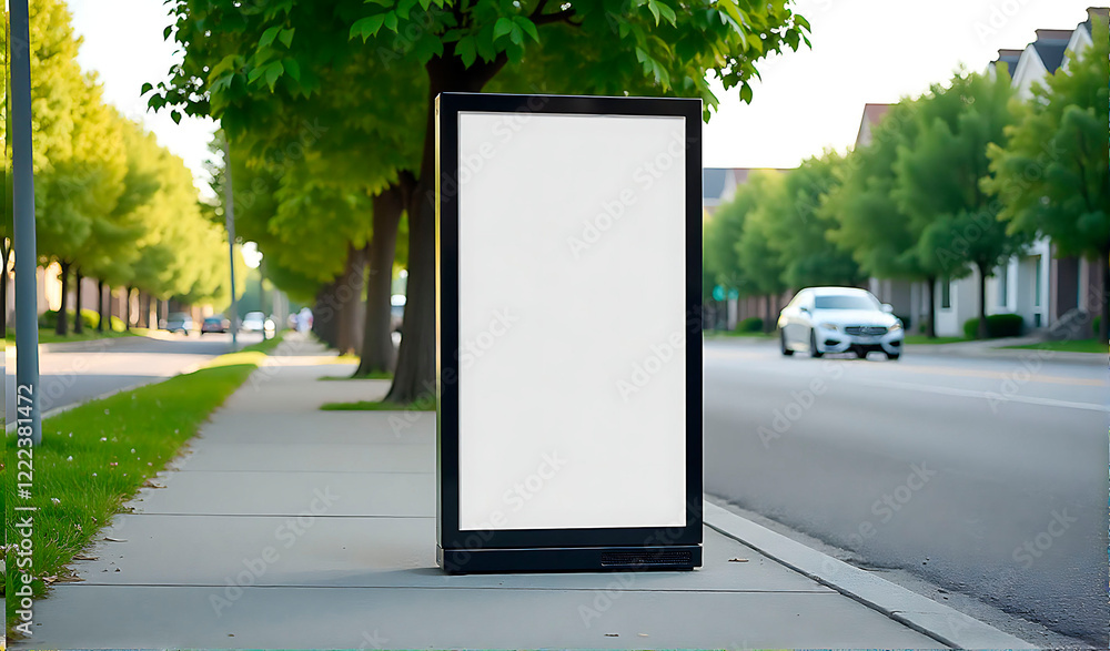 Outdoor freestanding advertising display in a suburban area with blank space for content Outdoor freestanding advertising display in a suburban area with blank space for content