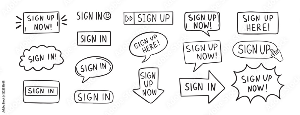sign up text icon. Sign in doodle hand drawn icon set. Outline drawing line clipart symbol sign up text icon. Sign in doodle hand drawn icon set. Outline drawing line clipart symbol
