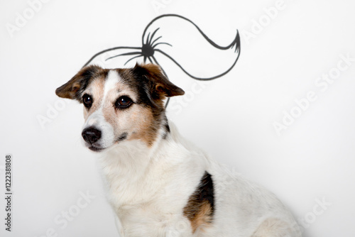 Portrait of mongrel with drawn ponytail in front of white background photo