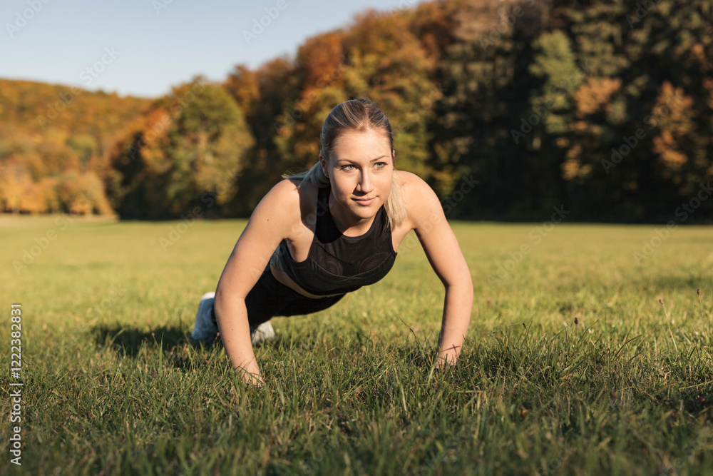 Young woman doing pushups during workout on meadow Young woman doing pushups during workout on meadow