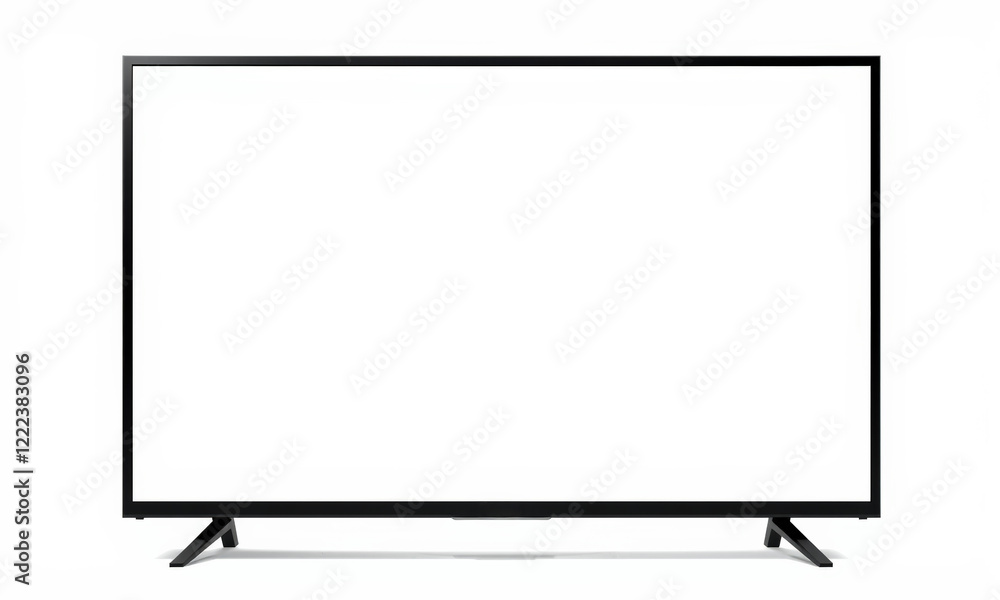 Modern television mockup with sleek black frame and stand, perfect for showcasing digital content or advertisements. Ideal for home or office settings Modern television mockup with sleek black frame and stand, perfect for showcasing digital content or advertisements. Ideal for home or office settings