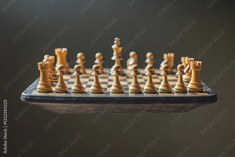 Chess pieces in a creative, floating display on a minimalist board Chess pieces in a creative, floating display on a minimalist board