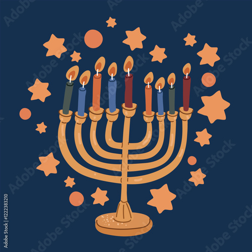 Cartoon vector illustration of a menorah with 8 candles, symbolizing the celebration of Hanukkah over dark background