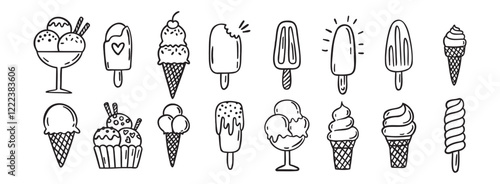 ice cream doodle hand drawn icon set. Outline drawing ice cream line clipart symbol collection