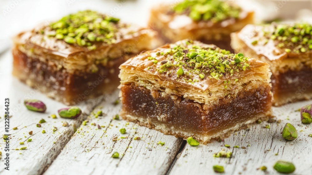 Delicate pieces of Dubai chocolate with pistachios and knafeh, placed artistically on a white wooden table, ideal for branding Delicate pieces of Dubai chocolate with pistachios and knafeh, placed artistically on a white wooden table, ideal for branding