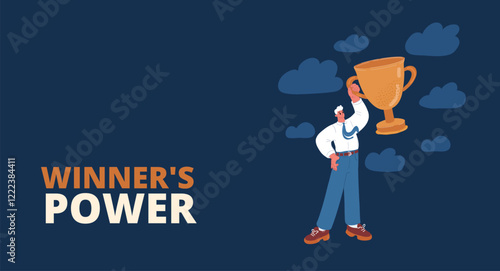 Cartoon vector illustration of a man triumphantly holding a golden trophy, representing achievement and success