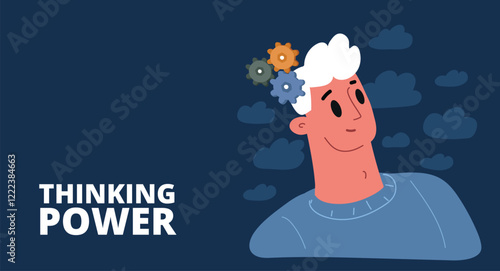Cartoon vector illustration of a man with gears in his head, symbolizing creative thinking, innovation, and problem-solving