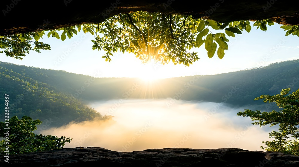 Serene Sunrise Over Misty Valley Framed by Lush Greenery Serene Sunrise Over Misty Valley Framed by Lush Greenery