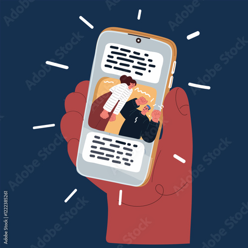 Cartoon vector illustration of people arguing on a phone screen, symbolizing online disputes and digital miscommunication