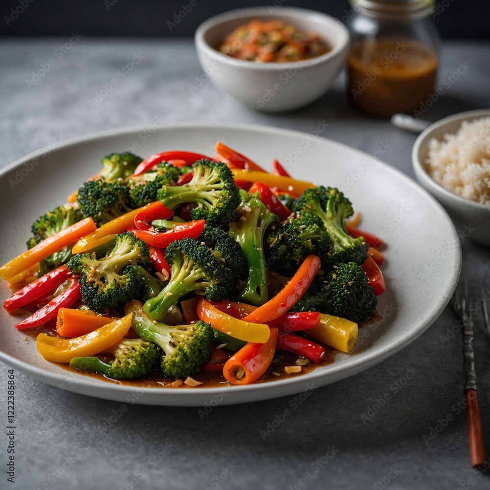 Delicious dinner stir-fries with depth of field featuring fresh vegetables and savory sauces.A gourmet vegetable stir-fry with bell peppers, broccoli, carrots, and snap peas, tossed in soy sauce and s Delicious dinner stir-fries with depth of field featuring fresh vegetables and savory sauces.A gourmet vegetable stir-fry with bell peppers, broccoli, carrots, and snap peas, tossed in soy sauce and s