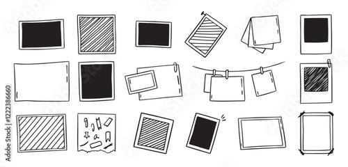 Vintage photo frames hand drawn doodle hanging on a clips icons set. Picture outline drawing template 
