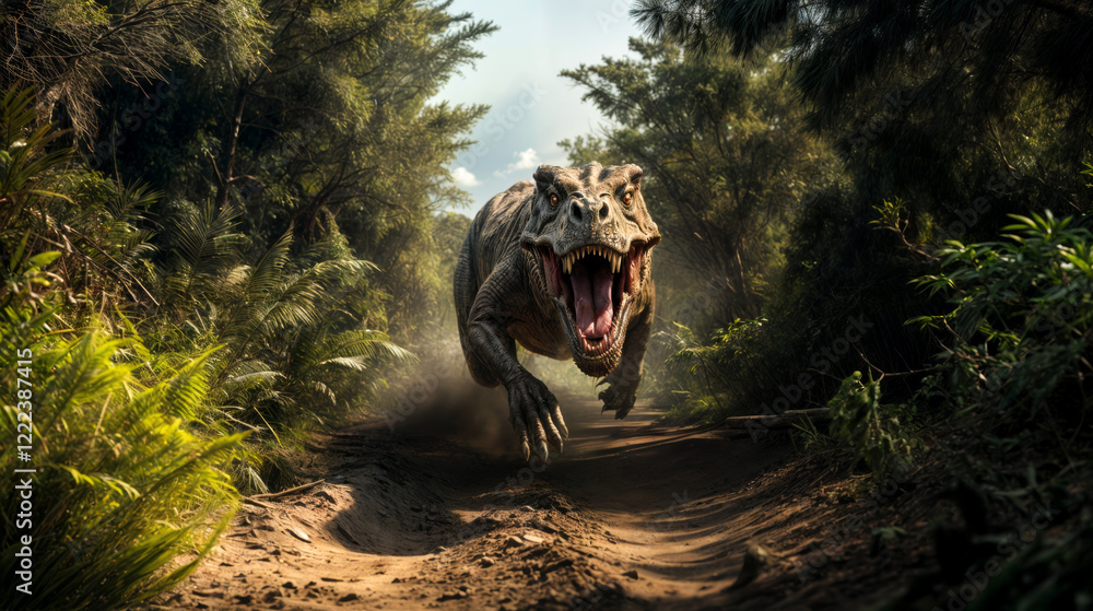 Fototapeta premium T-Rex Roaring with sharp teeth and running fast straight to the camera on a Pathway in the middle of a Forest with trees and ferns with a cloudy blue sky