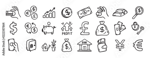 Money, finance and currency doodle set. doodle hand drawn icon set. Outline drawing dollar Banknotes, coins, money bag line clipart symbol collection