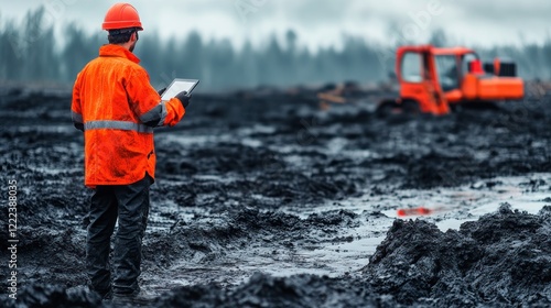 A construction worker in an orange jacket checks site conditions with a tablet in a muddy area