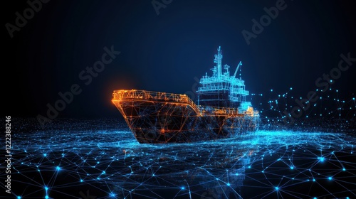 Advanced cargo ship is surrounded by glowing digital connections against a dark ocean backdrop