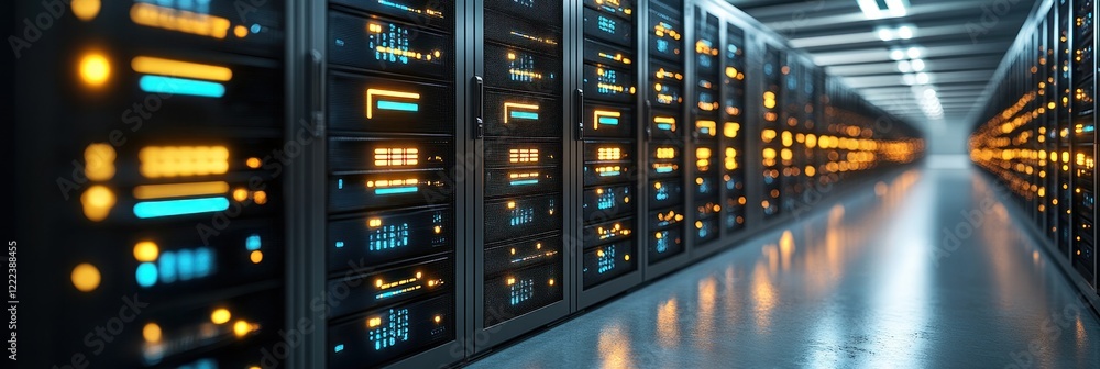 Rows of illuminated servers are lined up in a data center, creating a vibrant and high tech atmosphere Rows of illuminated servers are lined up in a data center, creating a vibrant and high tech atmosphere