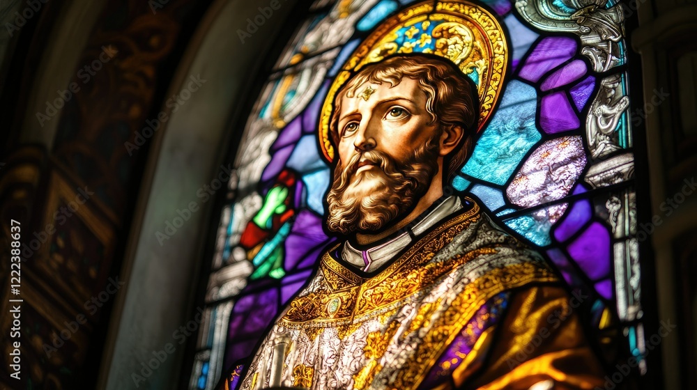 Intricate stained glass window depicting St. Ambrose, surrounded by vibrant colors and sacred imagery in a church setting Intricate stained glass window depicting St. Ambrose, surrounded by vibrant colors and sacred imagery in a church setting
