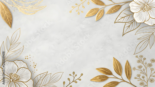 Gray-White Background with Gold Foil Floral Accents for Minimalist Designs. Perfect for: luxury branding, formal events, anniversaries