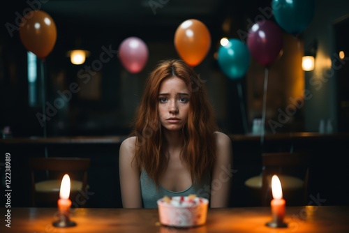 Upset birthday girl sitting by herself, feeling isolated photo