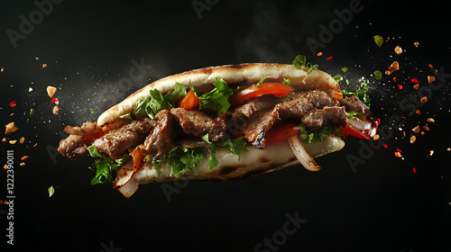 Fresh grilled beef or chicken doner sandwich flying isolated on a black background 