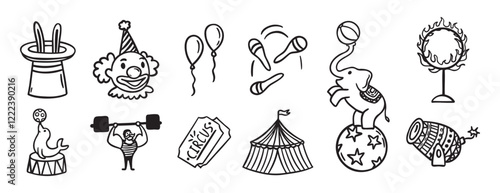 Circus doodle hand drawn icon set. Outline drawing circus line clipart symbol collection